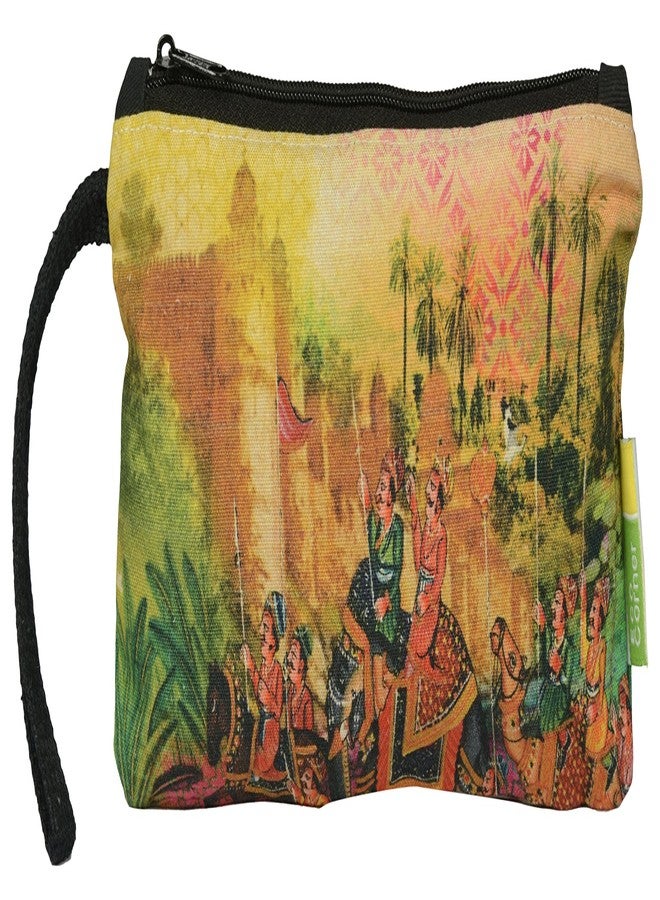 Eco Corner - Indian Art Parade - Pouch - Small - 100% Cotton/Washable/Printed On Both Sides/Zip Closure with Carry Handle/Ideal for Storing Jewellery, Mobile Phones, Coins, Stationery - Image 1